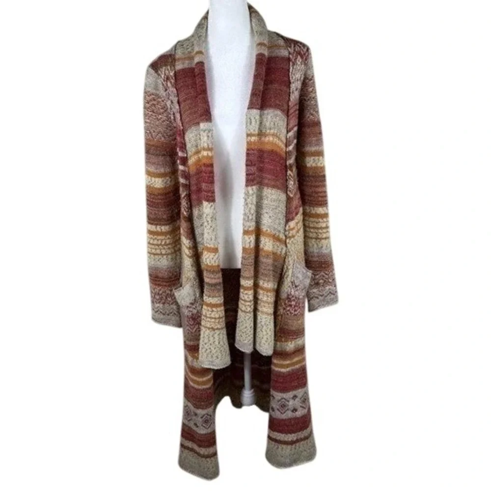 Free People Yesterday's Smile Cardigan M Cream Orange Fair Isle Long Duster Boho